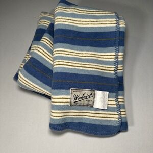 Woolrich Home Blanket Throw Striped‎ Cozy Fleece Soft Blue Cream 90's